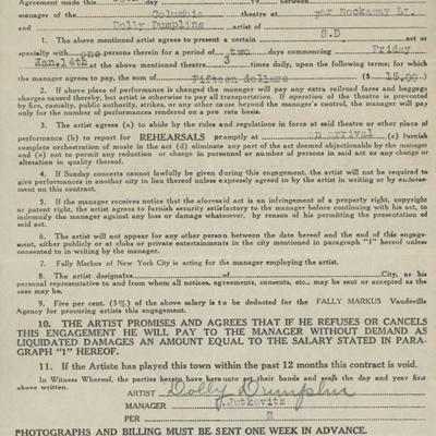Artist Contract for Dolly Dumpling dated January 10, 1921