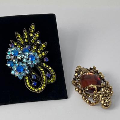 Two Vintage Brooches - Rhinestone & Amber