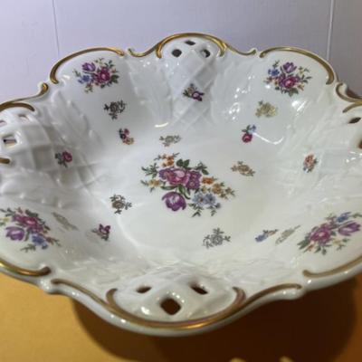 Vintage GDR Reichenbach Porcelain Footed Pierced Serving Bowl 11" Diameter in VG Preowned Condition.