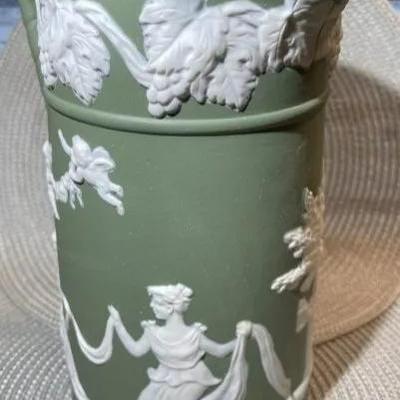 Antique Sage Green Unmarked Base Jasperware Large Pitcher 9" Tall in VG Preowned Condition.