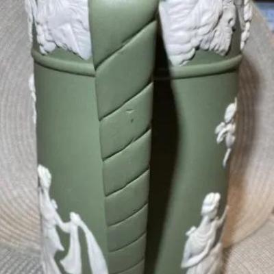 Antique Sage Green Unmarked Base Jasperware Large Pitcher 9" Tall in VG Preowned Condition.