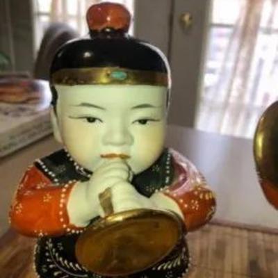 Chinese Moriage Pair of Satsuma 8" Tall Figurines in Very Good Condition Preowned from an Estate Scarce.