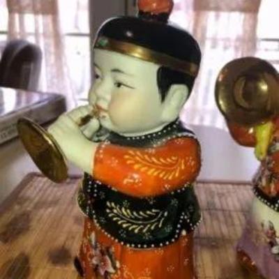 Chinese Moriage Pair of Satsuma 8" Tall Figurines in Very Good Condition Preowned from an Estate Scarce.