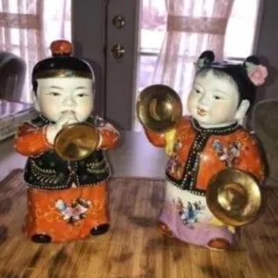 Chinese Moriage Pair of Satsuma 8" Tall Figurines in Very Good Condition Preowned from an Estate Scarce.