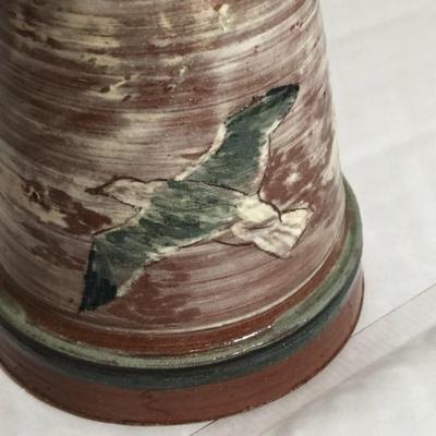 Vintage Scarce Redware Hand Painted Seagulls Pedestal Bowl w/Rattle/Bell Base 10.5" Tall Preowned from an Estate in VG Condition