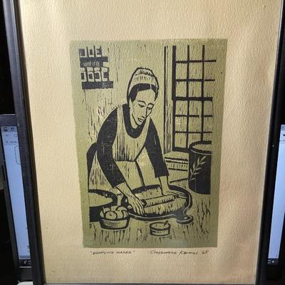 "Dumpling Maker" Signed by Constantine Kermes 1965 Woodblock Art Print 11x14" Framed as Pictured.