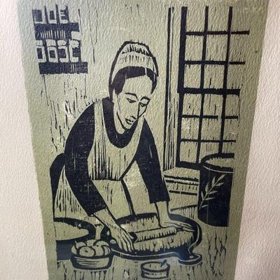 "Dumpling Maker" Signed by Constantine Kermes 1965 Woodblock Art Print 11x14" Framed as Pictured.