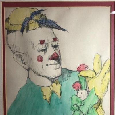 CORTLAND BUTTERFIELD Clown Hand Colored Lithograph/Print - Pencil Signed Frame Size 17" x 21" Preowned from an Estate.