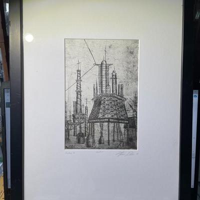 Vintage Mono Print "Factory I" Signed by the Artist Frame Size 12" x 15.75" as Pictured.