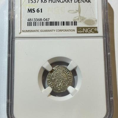 NGC Certified Hungary 1537 KB MS61 Silver Denar "Madonna & Child" Scarce High Grade as Pictured.