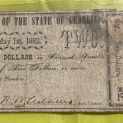 Scarce Planters Bank State Savannah Georgia $2 Dated May 1st, 1862 Currency as Pictured.