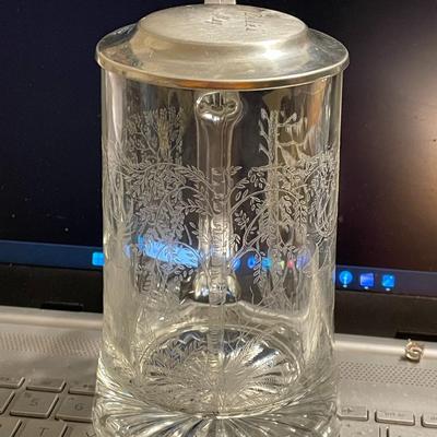 ALWE German Clear Etched Glass Beer Stein with Deer Scene 6" Tall with Pewter Engraved Lid as Pic'd.