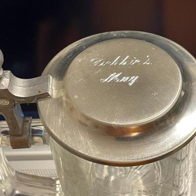 ALWE German Clear Etched Glass Beer Stein with Deer Scene 6" Tall with Pewter Engraved Lid as Pic'd.