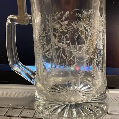 ALWE German Clear Etched Glass Beer Stein with Deer Scene 6" Tall with Pewter Engraved Lid as Pic'd.