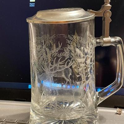 ALWE German Clear Etched Glass Beer Stein with Deer Scene 6" Tall with Pewter Engraved Lid as Pic'd.