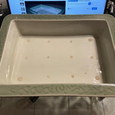 Antique Japanese Celadon Bonsai Seto Ware Planter 10.5" X 14.25" Very Very Heavy in VG Preowned Condition.