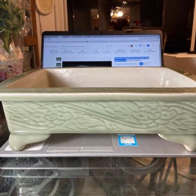 Antique Japanese Celadon Bonsai Seto Ware Planter 10.5" X 14.25" Very Very Heavy in VG Preowned Condition.