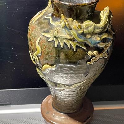 Vintage Japanese Pottery Redware Dragon Vase 5.75" Tall Good Preowned Condition. (Inner Base has a Piece Broken Off as Pic'd)