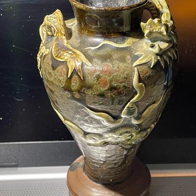 Vintage Japanese Pottery Redware Dragon Vase 5.75" Tall Good Preowned Condition. (Inner Base has a Piece Broken Off as Pic'd)