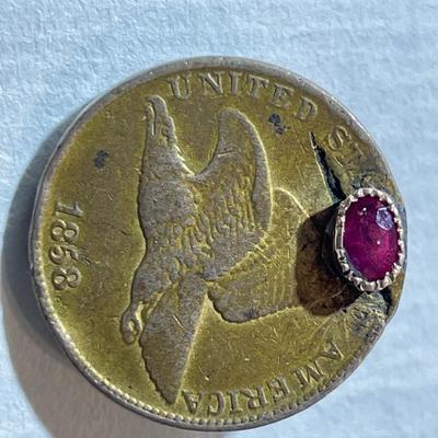 ANTIQUE CIVIL WAR/WWI ERA 1858 FLYING EAGLE CENT LAPEL PIN w/REAL RUBY STONE MOUNTED AS PICTURED.