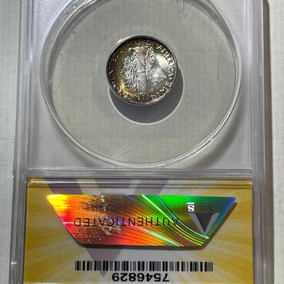 ANACS CERTIFIED 1942-P MS65 FULL SPLIT BANDS MERCURY DIME w/GOLDEN RIM TONNING AS PICTURED.