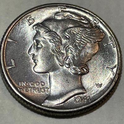 1941-P BU FULL BANDS CONDITION MERCURY SILVER DIME AS PICTURED.