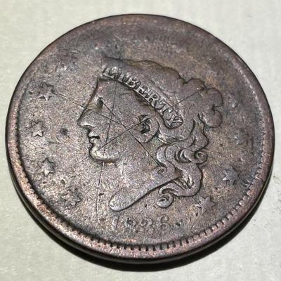 1836 CIRCULATED CONDITION SCRATCHED CORONET VARIETY LARGE CENT AS PICTURED.