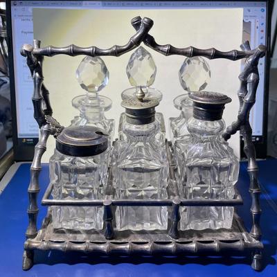 Scarce Victorian Era Dated 1887 Walker & Hall Sheffield England Silver Plated Leaded Glass Cruet Set of 6 w/Carrier 7.5" Tall...