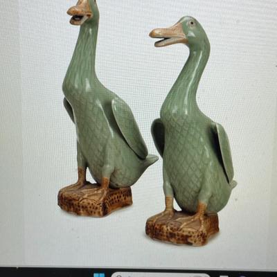VERY RARE PAIR OF ASIAN CELADON-GLAZED FIGURES OF DUCKS 12" TALL IN VERY GOOD PREOWNED CONDITION.