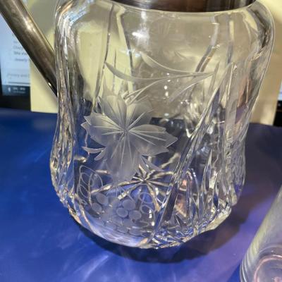 VINTAGE Cut Glass Silver Plate Wine Pitcher 9" Tall w/Ice Insert Cooler German Made in VG Preowned Condition.