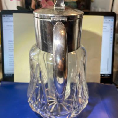 VINTAGE Cut Glass Silver Plate Wine Pitcher 9" Tall w/Ice Insert Cooler German Made in VG Preowned Condition.
