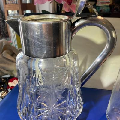 VINTAGE Cut Glass Silver Plate Wine Pitcher 9" Tall w/Ice Insert Cooler German Made in VG Preowned Condition.