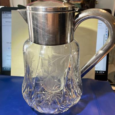 VINTAGE Cut Glass Silver Plate Wine Pitcher 9" Tall w/Ice Insert Cooler German Made in VG Preowned Condition.
