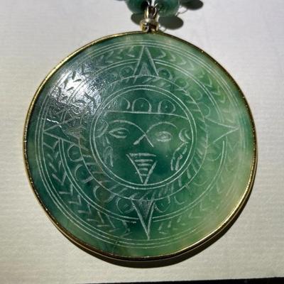 Vintage Etched Mexican Green Onyx Stone Necklace 26" Long w/Aztec Sun God Pendant in Good Preowned Condition.