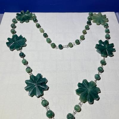 Vintage Etched Mexican Green Onyx Stone Necklace 26" Long w/Aztec Sun God Pendant in Good Preowned Condition.