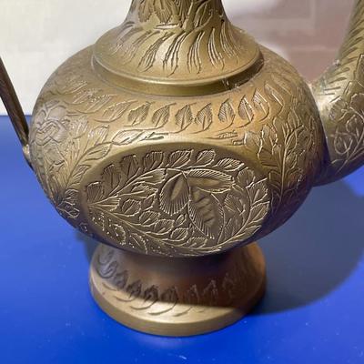 Vintage Solid Brass Etched Detail Oil or Tea Pitcher 9.35" Tall in Good Preowned Condition as Pictured.