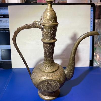 Vintage Solid Brass Etched Detail Oil or Tea Pitcher 9.35" Tall in Good Preowned Condition as Pictured.