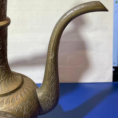 Vintage Solid Brass Etched Detail Oil or Tea Pitcher 9.35" Tall in Good Preowned Condition as Pictured.