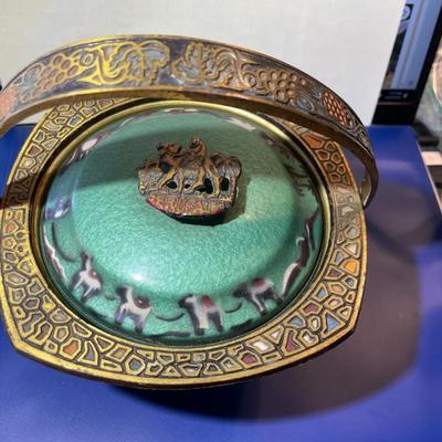 Vintage Judaica Enameled Mosaic Footed Metal Covered Bowl w/Jerusalem Handle Approx 7" Tall w/Handle as Pictured.