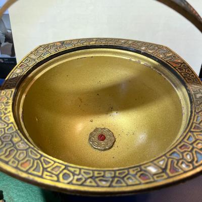 Vintage Judaica Enameled Mosaic Footed Metal Covered Bowl w/Jerusalem Handle Approx 7" Tall w/Handle as Pictured.