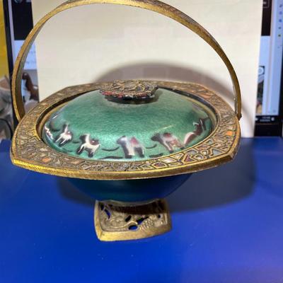 Vintage Judaica Enameled Mosaic Footed Metal Covered Bowl w/Jerusalem Handle Approx 7" Tall w/Handle as Pictured.