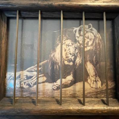 Vintage "A Life Sentence Lion & Lioness Print" 10.25" x 8.5" – Caged Frame in Good Preowned Condition as Pictured.