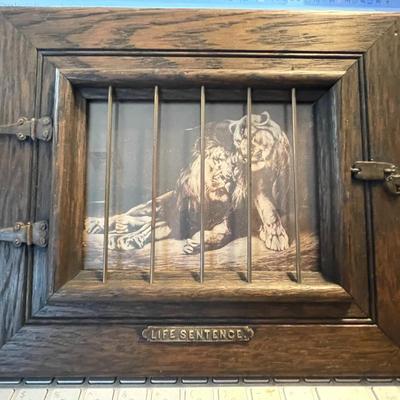 Vintage "A Life Sentence Lion & Lioness Print" 10.25" x 8.5" – Caged Frame in Good Preowned Condition as Pictured.