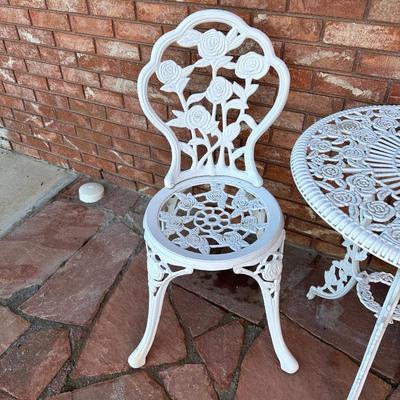 WROUGHT IRON ROSE DESIGN PATIO TABLE AND 2 CHAIRS