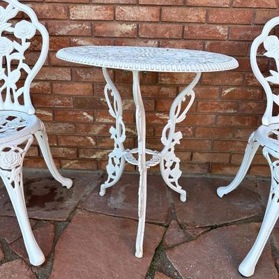 WROUGHT IRON ROSE DESIGN PATIO TABLE AND 2 CHAIRS
