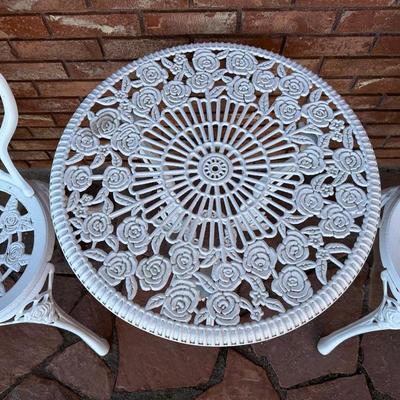 WROUGHT IRON ROSE DESIGN PATIO TABLE AND 2 CHAIRS