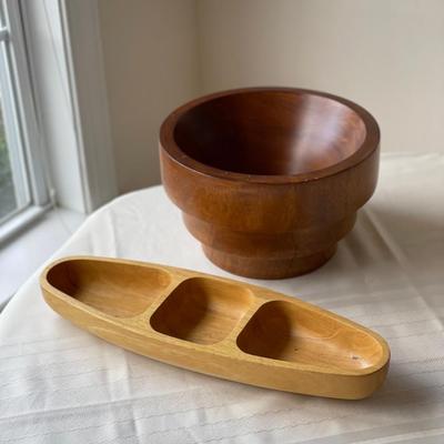 Large Wooden Bowl and Wooden Divided Serving Bowl