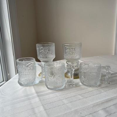 3 Clear Glass Flintstones Mugs and Two Lord of the Rings Goblets