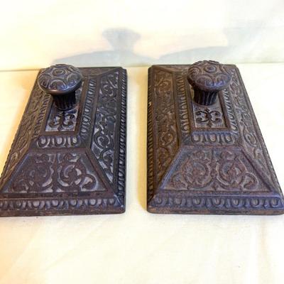 2 Antique Decorative Cast Iron Desk Paperweights Blotters