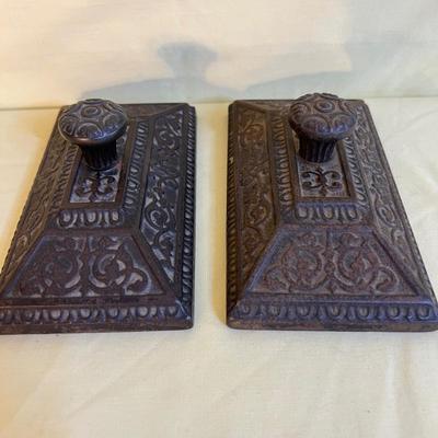 2 Antique Decorative Cast Iron Desk Paperweights Blotters